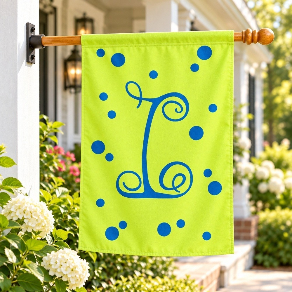 Evergreen Polka Dot Initial I Applique House Flag Blue Lime 28x44 15766 NEW